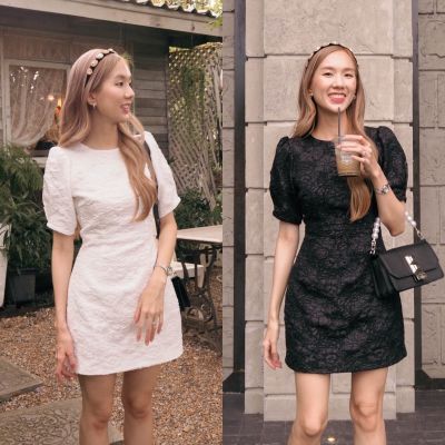 Classic Dress Black/White ชุดเดรสสั้น ผ้าแจ็คการ์ด สีขาว ดำ | Preppy Pear