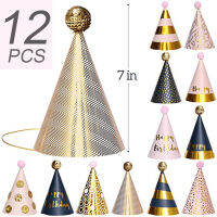 12 Pieces Black Gold Birthday Party Hats Fun Party Cone Hats Birthday Paper Hats Art Craft Caps Party Supplies for Kids s