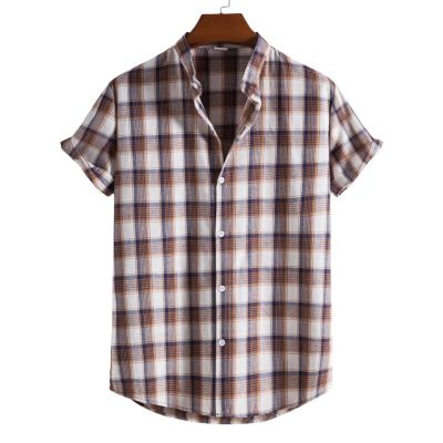 ZZOOI Camisas Para Hombre 2022 New Mens Fashion Casual Plaid Stand Collar Short Sleeve Shirt Mens Clothing