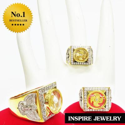 INSPIRE JEWELRY  แหวนกังหันล้อมเพชรเหมาะสำหรับผู้ชาย ด้านข้างเป็นรูปนกอินทรี  (Gold เพชรสวิส CZ ) พร้อมกล่องกำมะหยี่