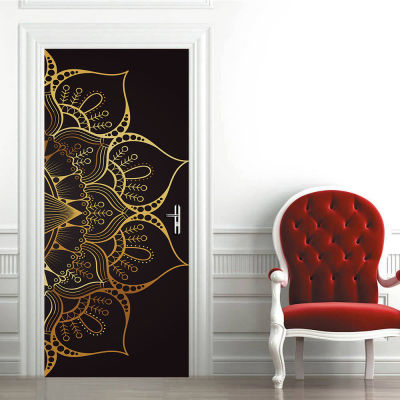 Black &amp; Gold Mandala Pattern Door Sticker Bedroom Living Room Decor Wall Stickers Peel &amp; Stick Removable PVC Art Mural Poster