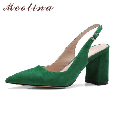 Meotina Women Shoes Kid Suede High Heels Pointed Toe Slingbacks Thick High Heel Pumps Autumn Lady Party Heels Green Beige 34-42