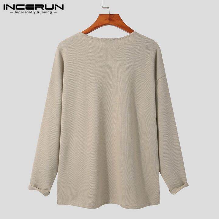 incerun-เสื้อท็อปคอกลมแขนยาวผ้าถักสีพื้นสําหรับผู้ชาย