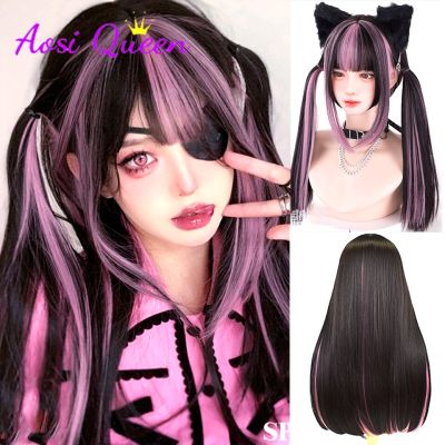 AS Long Black Mixed With Red Synthetic Wig Cosplay Lolita Harajuku Wig With Bangs Natural Wavy Halloween Red Daily Wigs