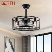 BERTH  American Ceiling Fans Lights Black LED Lamp With Remote Control for Home Bedroom Dining Room Loft Retro Exhaust Fans