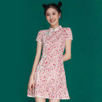 FONELY FAIRY Summer Cheongsam Modern Design Floral Ruffle Mini Dress Chinese Style Vintage Sweet and Cute Dress Female