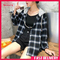 เสื้อโค้ทสตรี Imixcity Cotton Loose Plaid Pattern All-Match Long-Sleeve Hooded Jacket