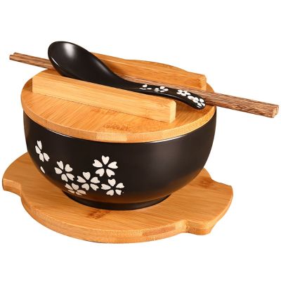 Japanese Style Crockery Bowl Korean Vintage Noodles Rice Bowls Ceramic Instant Noodle Bowl Chopsticks Lid Spoon Pad dropshipping