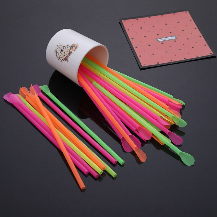 fun-party-supplies-durable-plastic-spoons-smoothie-sipping-straws-colorful-cocktail-straws-plastic-straw-spoons