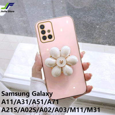 เคสโทรศัพท์ภาพดอกไม้แฟชั่น JieFie สำหรับ Samsung Galaxy A11 / M11 / A31 / A51 / A71 / A21S / A02S / A03S / A02 / A03/M31ฝาครอบโทรศัพท์ TPU ชุบโครเมี่ยมสุดหรูนุ่ม + ขาตั้ง