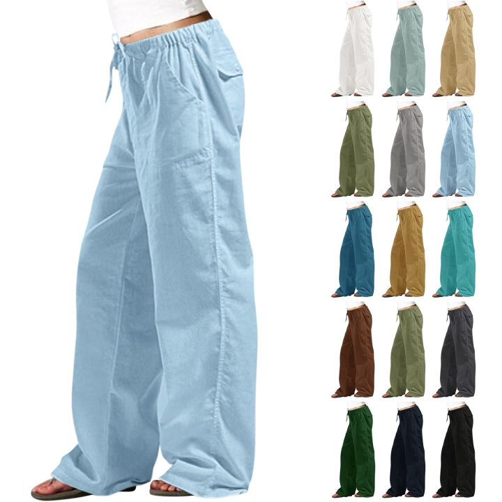 Womens Casual Solid Color Loose Pockets Elastic Belt Waist Pants Long  Trousers trouser Long pants Womens Tie Pants Casual