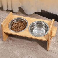 BingoPaw ชามอาหารแมว Raised Bamboo Pet Bowls with Stainless Bowls ปรับความสูงได้ ที่ใส่อาหารสัตว์เลี้ยง