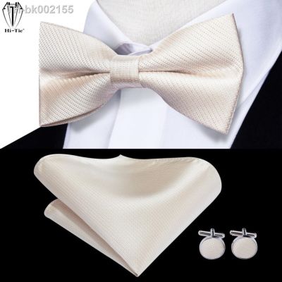 ✲ Hi-Tie 100 Silk Beige Plain Mens Bow Tie Woven Adult Bowtie Hankerchief Cufflinks Set Wedding Business Butterfly Cravat Bowknot