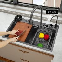 Digital Display Kitchen Sink Stainless Steel Sink Large Single Slot with Multifunction Touch Waterfall Faucet Above Counter