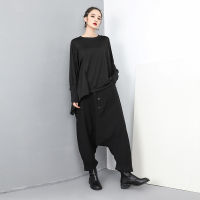 [EAM] 2022 New Spring Autumn High Elastic Waist Black Button Split Joint Wide Leg Long Loose Pants Women Trousers Fashion YG2