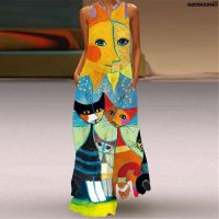 COD DSFGRDGHHHHH Summer Evening Party Maxi Dress Women Cat Print Vintage Boho A Line Loose Casual Dress Pockets Sexy Sleeveless Tank Beach Dress