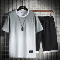 【hot seller】 2023 summer pure mens casual short-sleeved suit new trendy gradient T-shirt with two pieces