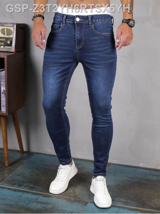 ฮิปฮอปยืดรัดรูปเอวกางเกงยีนส์ผู้ชายยืดหยุ่นชุดแนวสตรีทกางเกงยีนส์ยีนส์สำหรับกางเกงขายาวใส่วิ่ง