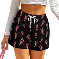 Peace Love Crawfish Printed High Waisted Beach Shorts for Women Elastic Casual Summer Shorts