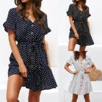 【Ladies shop】 WomenBeach ChiffonCasual แขนสั้น Polka ชีฟอง V คอ Sundress Vestidos