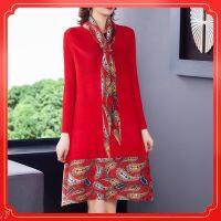 COD IOED95 Long-sleeved red dress female mother loaded high-end foreign air size loose medium long skirt