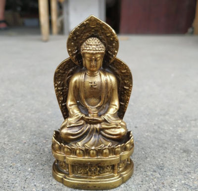 พระพุทธรูปรูปปั้นทองเหลืองนั่งพระพุทธรูปรูปปั้นขนาดเล็ก Shakyamuni รูปปั้นคอลเลกชัน Travel บูชาโบราณ Home Table Decor อุปกรณ์เสริม ~