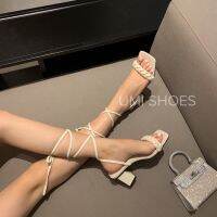 CODff51906at [Type 1] 6cm High Heel sandal With Horizontal Thin Lace Wrapped Legs CNY Puffed Braids New Style hot trend Square Toe