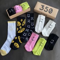 ﹊❖♣ Socks Women New Smile Cry Funny Motion Ins Cotton Sock Originality Men and Woman Street Popular Black 3Pic/Box Socks