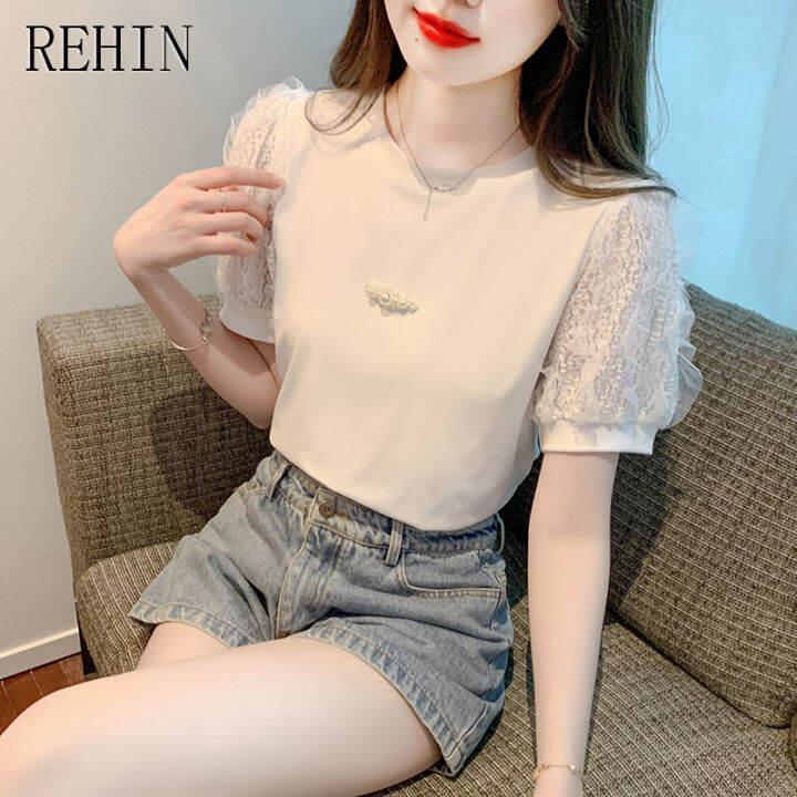 rehin-เสื้อผู้หญิงแฟชั่นหรูหราใหม่ฤดูร้อนคอกลมฉบับภาษาเกาหลีแผงลูกไม้อเนกประสงค์-เสื้อสตรีแขนสั้น-sweet-s-xl