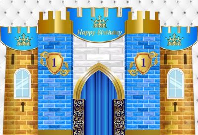 【Worth-Buy】 Royal Prince Blue Castle 1st วันเกิดพื้นหลังการถ่ายภาพเด็กผู้ชายคนแรกอาบน้ำเด็กวันเกิดปาร์ตี้ฉากหลังธงราวประดับตกแต่ง