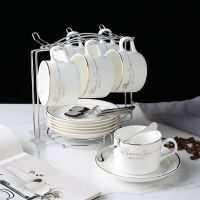 High-end Creative Bone China Coffee Cup European Fashion Coffee Set Ceramic Gold Coffee Cup Set with Spoon and Stand