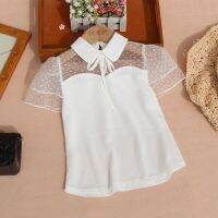 New Fashion Chiffon Blouse for Kids Girls Summer Children White Short Sleeve Shirts Teenage Turn-down Collar Lace Basic Tshirts