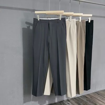 ผ้าจีบลำลองสไตล์เกาหลีสำหรับผู้ชายกางเกงทางการสูทผู้ชายกางเกงบางเอวยางยืดยาวถึงข้อเท้าชุดฤดูร้อนใหม่