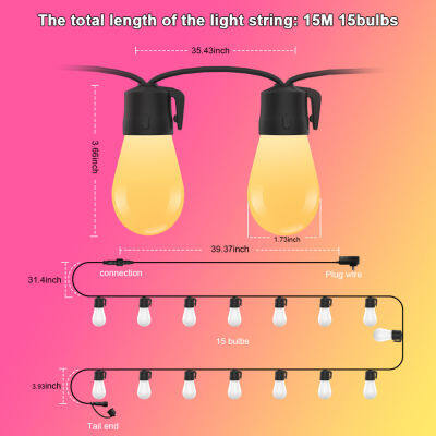 S14 LED กลางแจ้งแสงสตริง15ชิ้นการควบคุมระยะไกลลดแสงกันน้ำหลอดไฟคริสต์มาสนางฟ้าสวนระเบียงพรรคพวงมาลัยไฟ