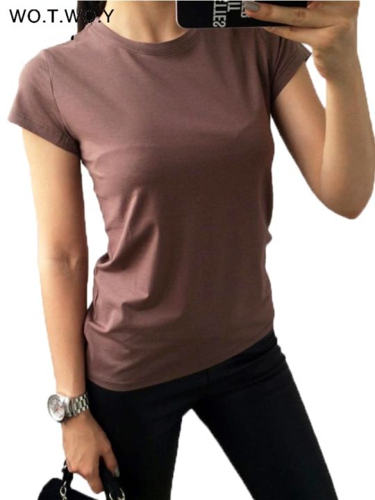 คุณภาพสูงเสื้อยืด-s-3xl-พื้น11สีสำหรับผู้หญิงเสื้อยืดแขนสั้นเสื้อลำลองผ้ายืดเสื้อยืดลายพื้นยืดได้สำหรับผู้หญิง