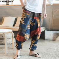 (ฝ้ายลีอาน) INCERUN Chinese Mens Wide Leg Harem Ethnic Linen Loose Pants Hakama Shorts