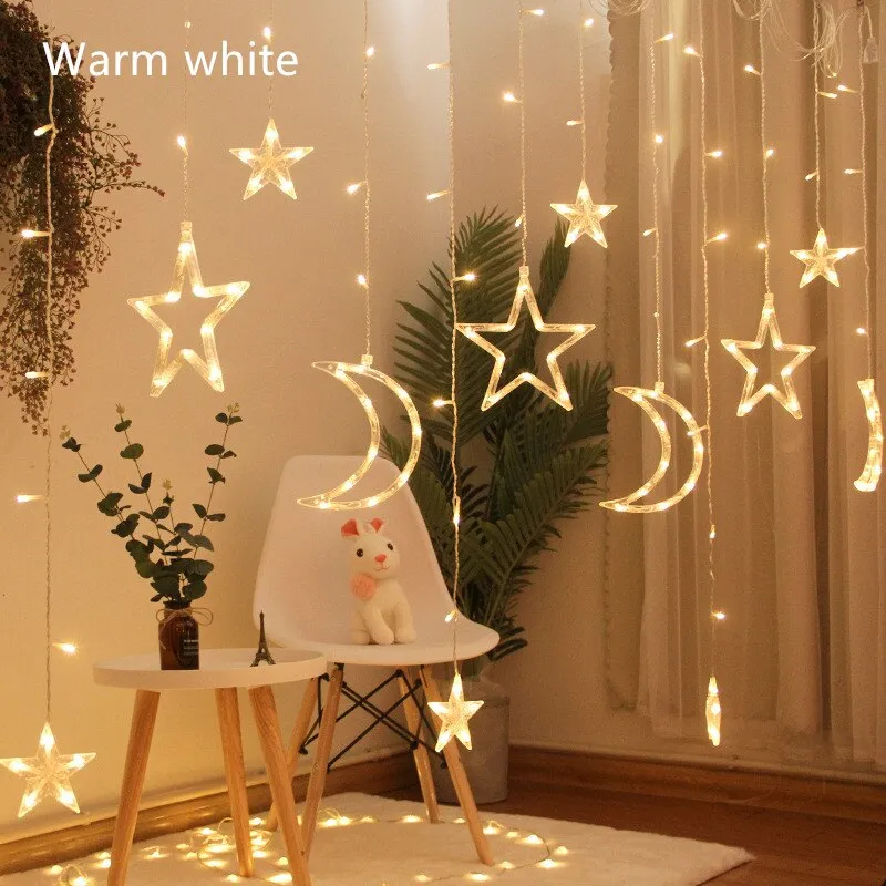 Decorative 5 Animated Crescent and Star Led Curtains , Led Star Curtain  Light, Star Curtain Lights LED String Lights,window Curtain Lights 
