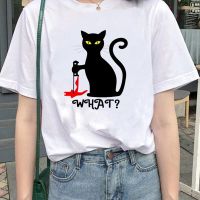 เสื้อยืดผ้าฝ้ายฤดูร้อนของผู้หญิงเสื้อยืดแมวมีดพิมพ์เสื้อยืด Kawaii การ์ตูนตลกเสื้อยืดแมว What Murderous แขนสั้นหญิง
