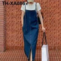 Suspender denim dress womens 2022 summer new loose age-reducing slit denim long skirt thin section student girl trend