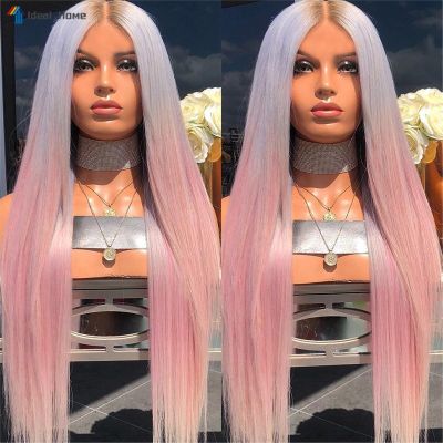 Women Straight Hair Wig Synthetic Gradient Blue Pink Hair Heat Resistant Long Wig cd