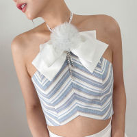 Bailey crop top with Bow (เลือกรับหรือไม่รับโบว์ก็ได้) - เสื้อครอปผ้าลินิน ตัดต่อลาย สายริบบิ้นผูกโบว์คอ กระดุมหลัง มีฟองน้ำเสริมอก