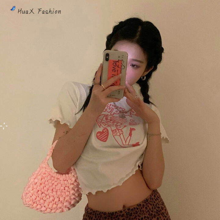 huax-เสื้อยืดสตรีผ้าไหมสีขาวสั้นไม่สม่ำเสมอ-crop-top-เสื้อปักลาย