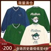 Malbon Golf ผู้ชายเสื้อยืดแขนยาวพิมพ์ลายคอวี,เสื้อกันลมกอล์ฟสไตล์สปอร์ตลำลอง