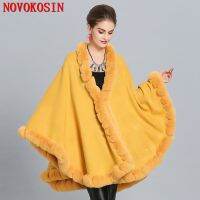 11 Colors Winter Big Pendulum Cloak Knitted Warm Thick Shawl Poncho Coat Women Hole Faux Fox Fur Collar Loose Cape