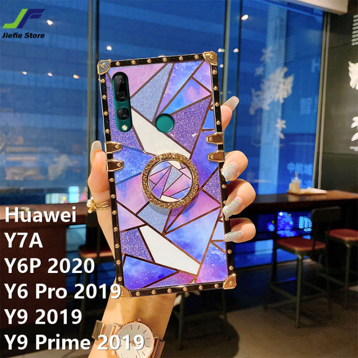 jiefie-luxury-chrome-plated-สำหรับ-huawei-y9-2019-y9-prime-y9s-y6-pro-2019-y6p-2020-y7a-matte-powder-และ-glossy-เย็บสแควร์-tpu-พร้อมแหวน