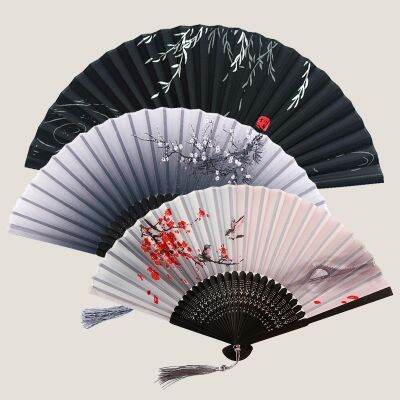 【CW】 Chinese Vintage Silk Folding Fan Bamboo Classical Dance Fan High Quality Tassel Elegent Female Fan Japanese Home Decoration