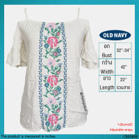 USED Old Navy - Cold Shoulder White Floral Top | เสื้อไหล่ตกสีขาว สีชมพู เสื้อปาดไหล่ เสื้อลายปัก ลายดอก ระบาย สายฝอ แท้ มือสอง