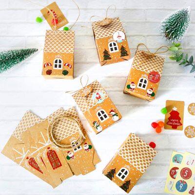 24 Sets Christmas House Gift Box Kraft Paper Cookies Candy Bag Snowflake Tags 1-24 Advent Calendar Stickers Rope Party Supplies