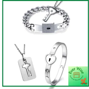 Plated Titanium Matching Puzzle Couple Heart Lock Bracelet and Key Pendant  Necklace for Men and Women