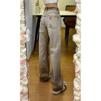 Large Size American High Street Ripped Jeans Women R Washed White Waist Slimmer Look Loose Straight Wide-Leg Trousers